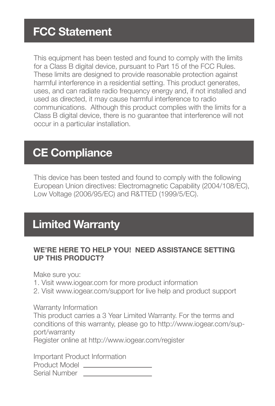 Limited warranty fcc statement, Ce compliance | IOGear GME435G User Manual | Page 6 / 16