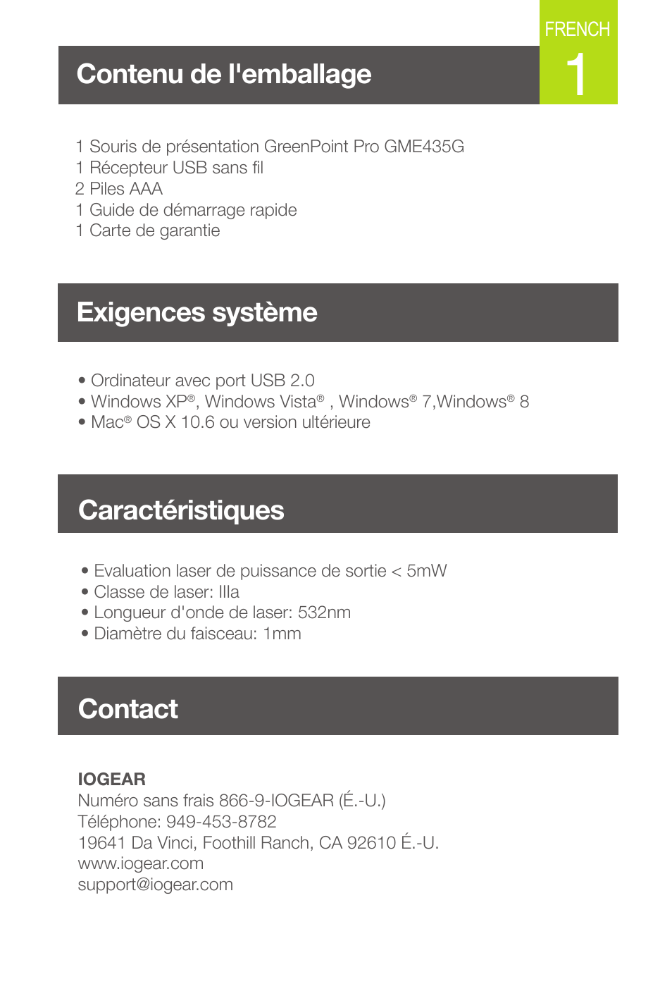 French, Contenu de l'emballage exigences système, Contact | Caractéristiques | IOGear GME435G User Manual | Page 7 / 16
