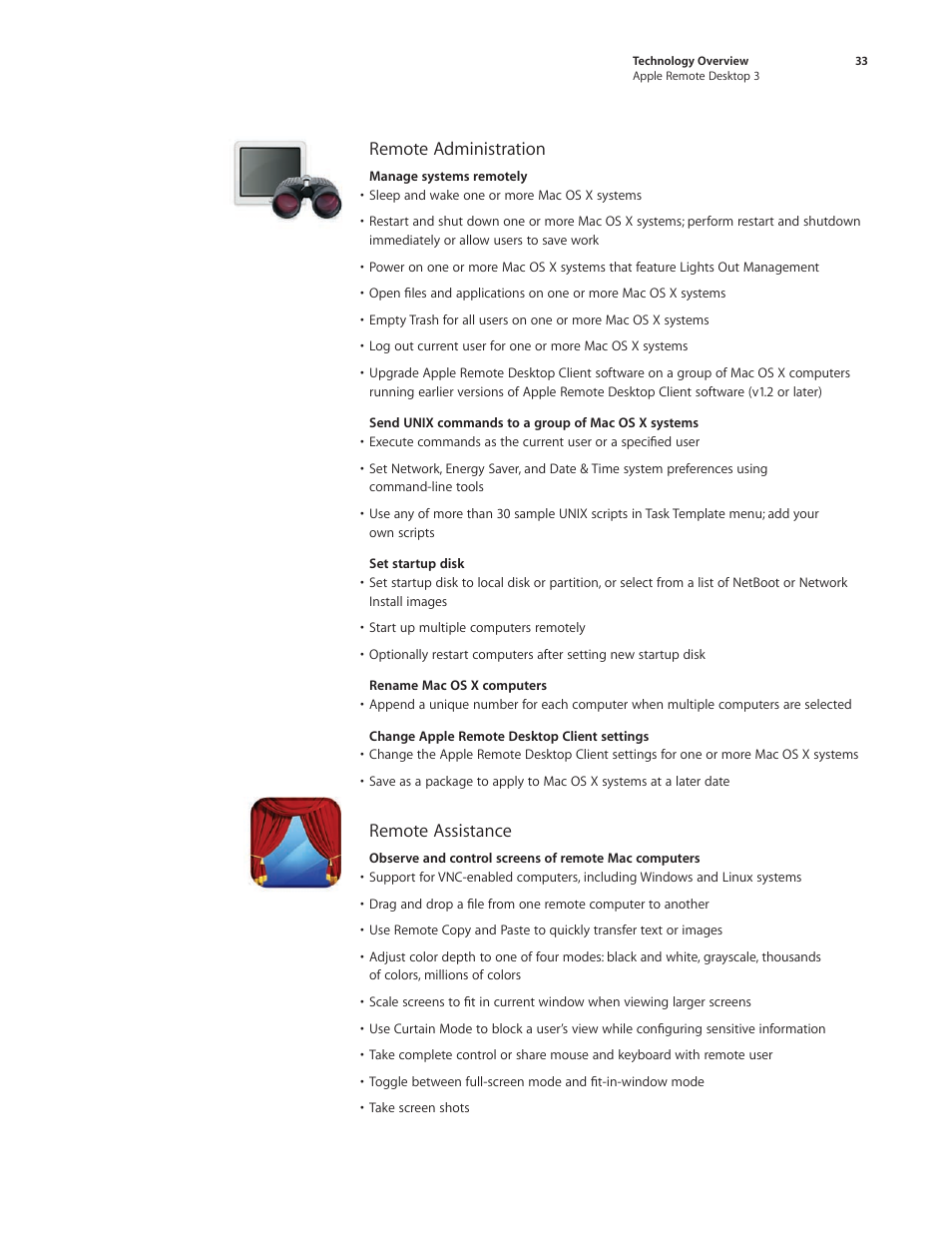Remote administration, Remote assistance | Apple Remote Desktop 3 User Manual | Page 33 / 35