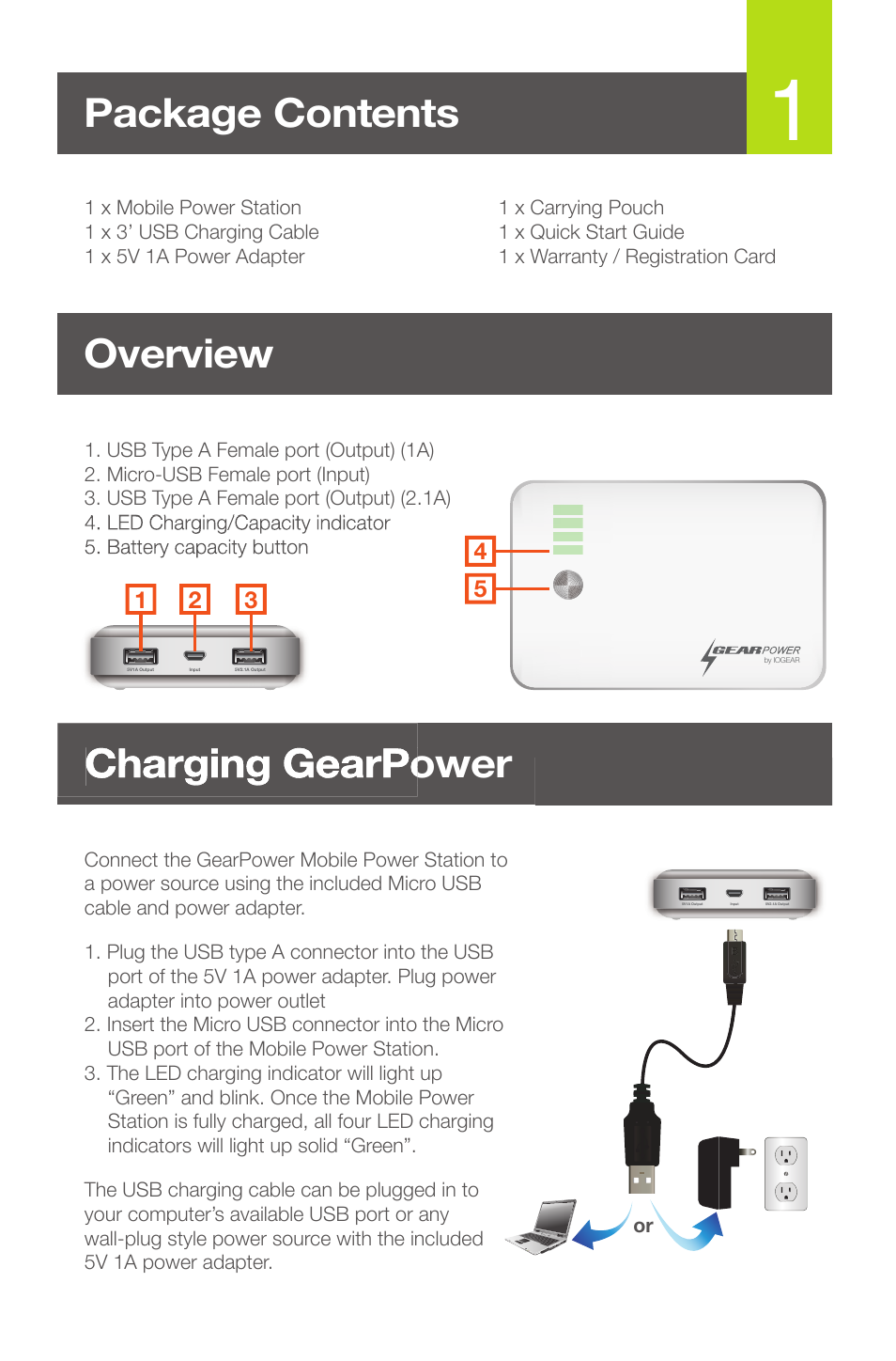 Package contents overview, Charging gearpower | IOGear GMP10K User Manual | Page 2 / 6
