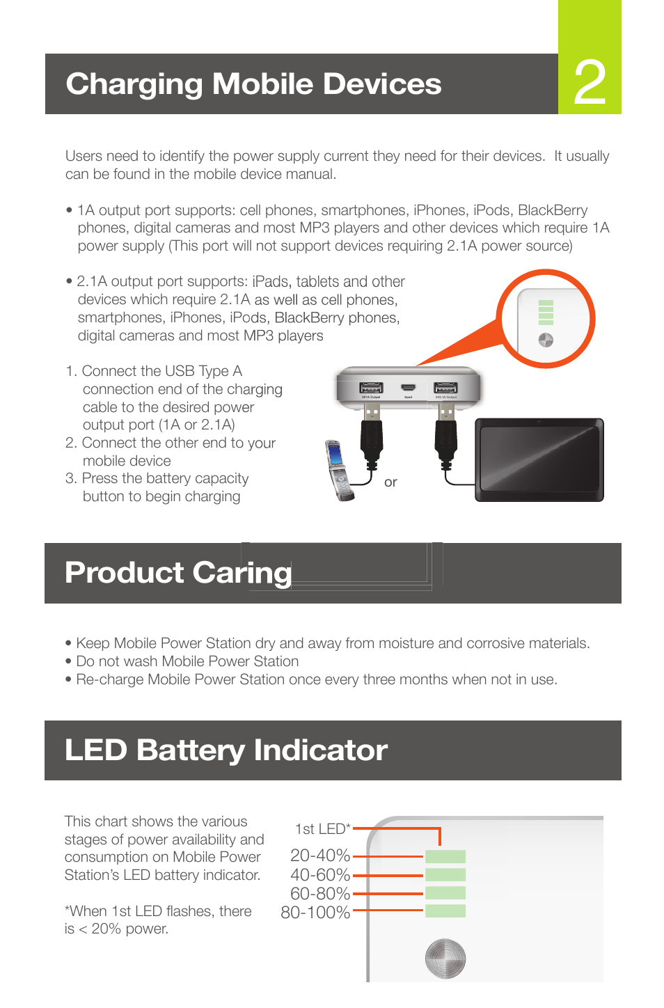 Product caring, Led battery indicator, Charging mobile devices | IOGear GMP10K User Manual | Page 3 / 6