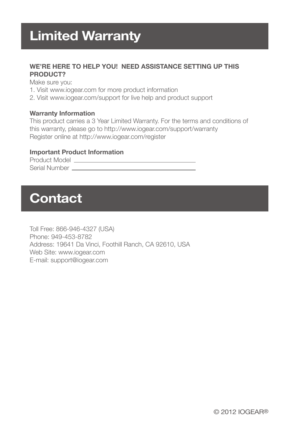 Limited warranty contact | IOGear GMP10K User Manual | Page 6 / 6