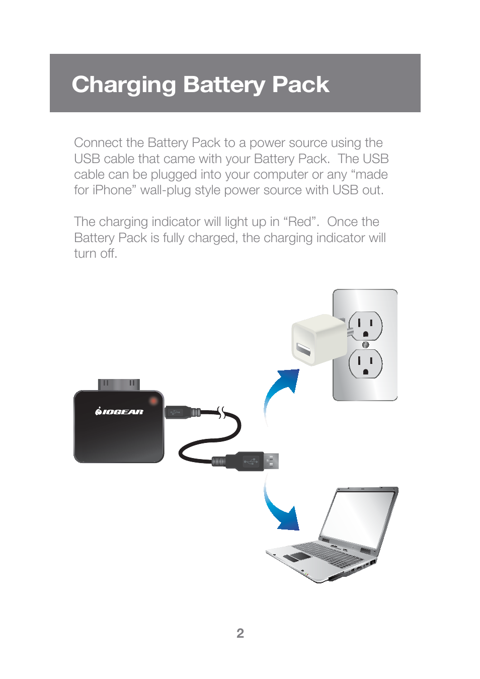 Charging battery pack | IOGear GMP2000P User Manual | Page 3 / 9
