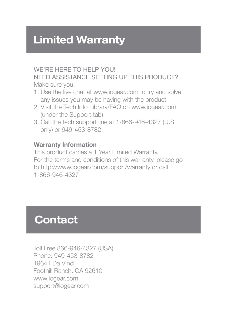 Limited warranty contact | IOGear GMP2000P User Manual | Page 8 / 9