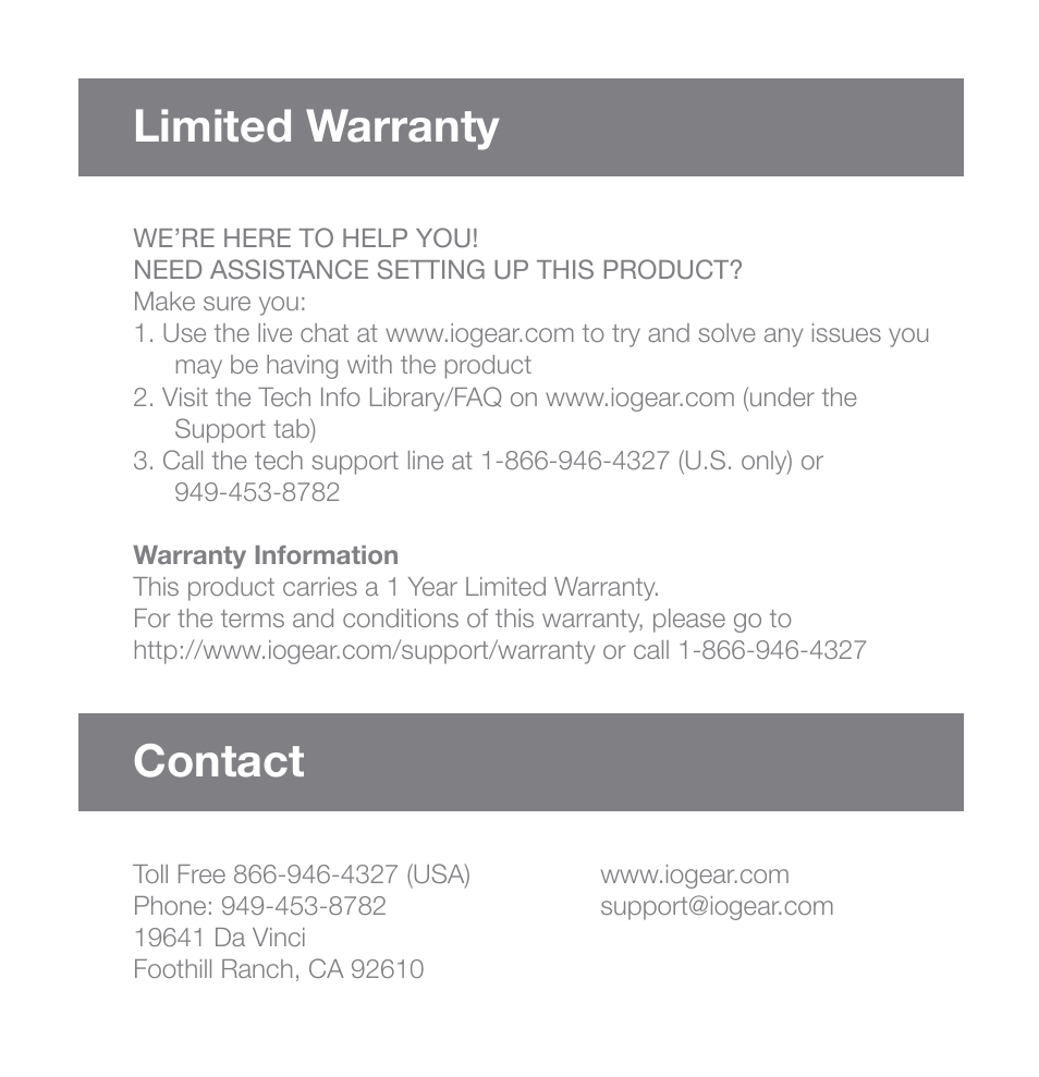 Limited warranty, Contact | IOGear GMP2001P User Manual | Page 9 / 10