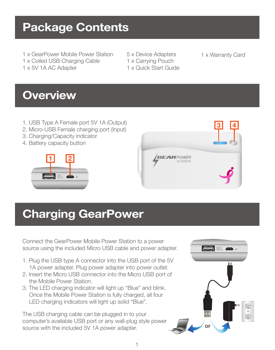 Package contents overview, Charging gearpower | IOGear GMP4400PP User Manual | Page 2 / 6