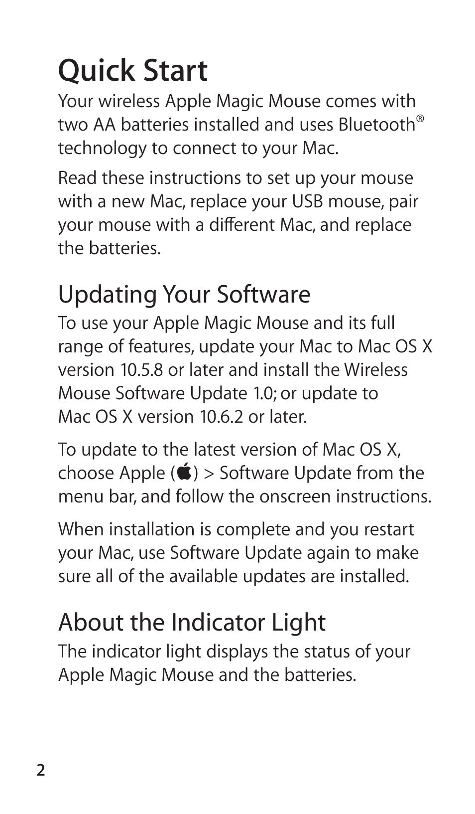 Quick start, Updating your software, About the indicator light | Apple Magic Mouse User Manual | Page 2 / 16