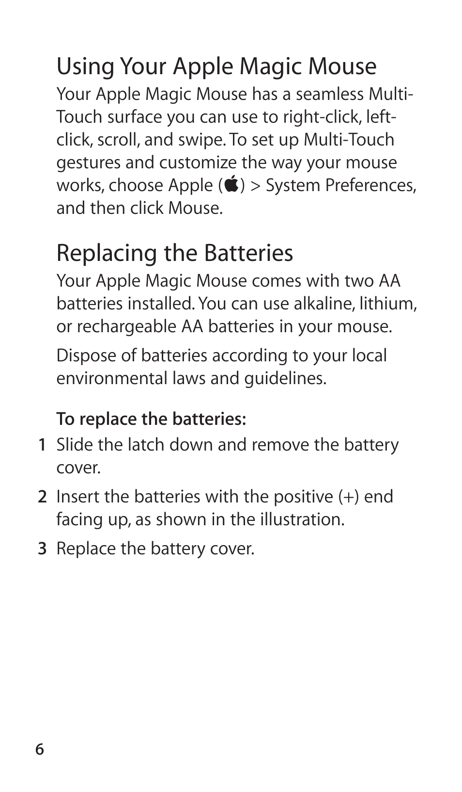 Using your apple magic mouse, Replacing the batteries | Apple Magic Mouse User Manual | Page 6 / 16