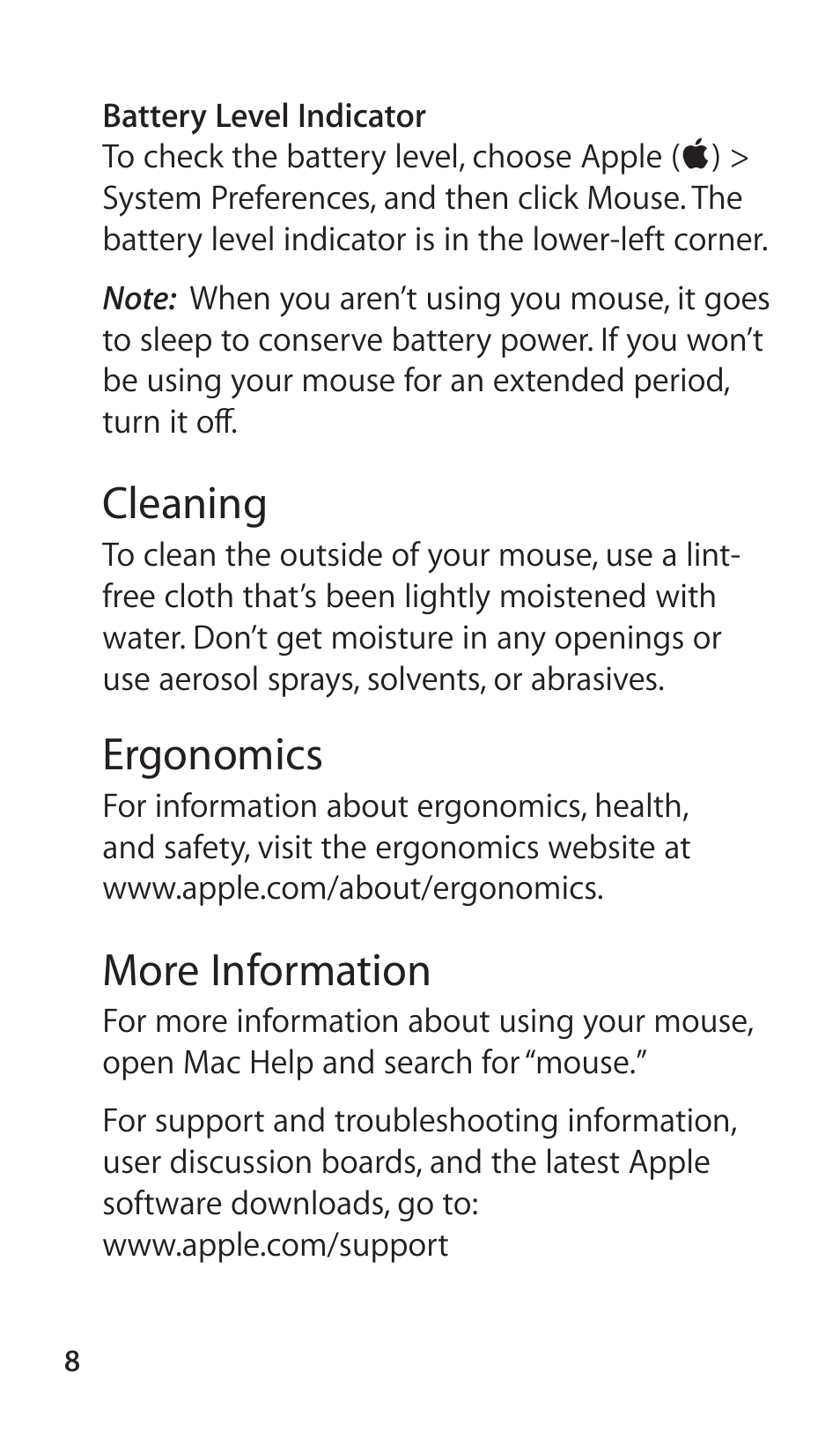 Cleaning, Ergonomics, More information | Apple Magic Mouse User Manual | Page 8 / 16