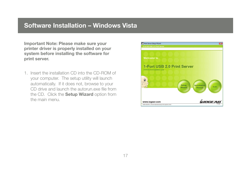 Software installation – windows vista | IOGear GPSU21 User Manual | Page 17 / 48