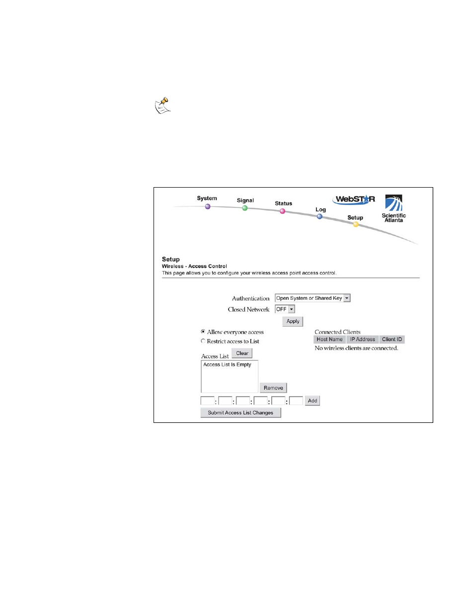 Configuring wireless access point access control, Setup wireless access control page example | Scientific Atlanta DPR2320 User Manual | Page 68 / 81