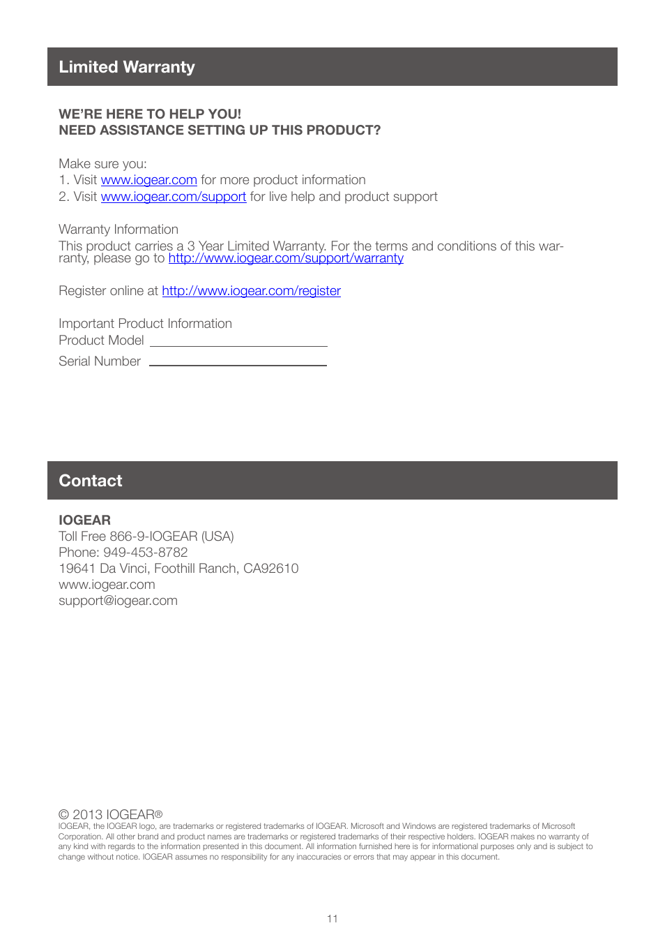 Contact limited warranty | IOGear GUB211W6 For Win8 User Manual | Page 11 / 12