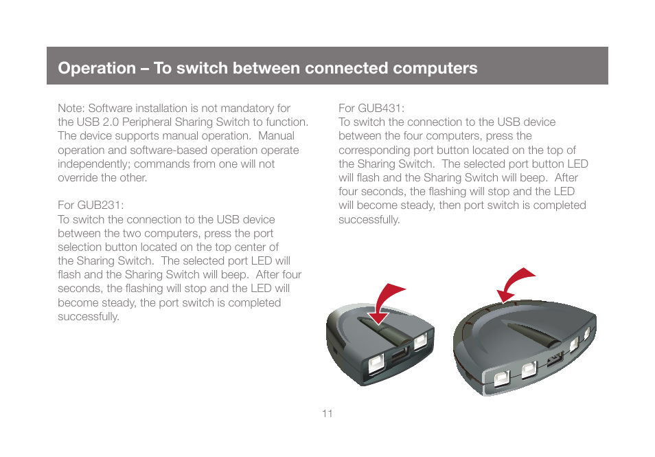 Operation – to switch between connected computers, Operation, To switch between connected computers | IOGear GUB431 User Manual | Page 11 / 36