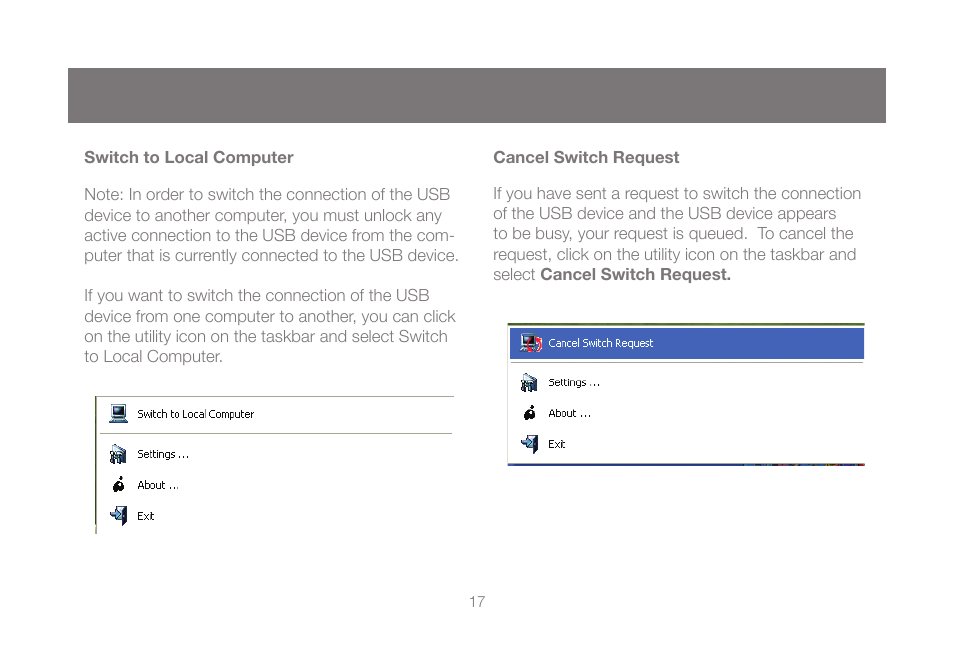 Switch to local computer, Cancel switch request | IOGear GUB431 User Manual | Page 17 / 36