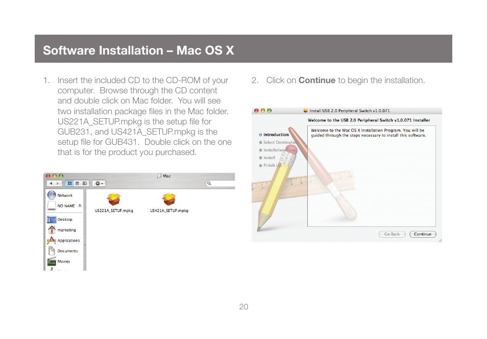 Software installation – mac os x | IOGear GUB431 User Manual | Page 20 / 36