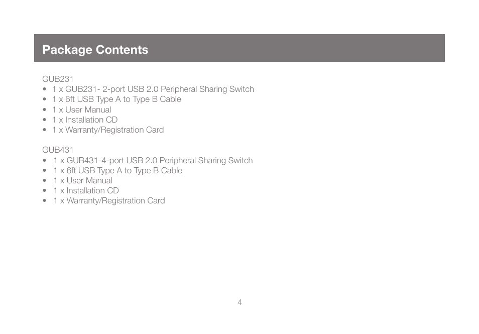 Package contents | IOGear GUB431 User Manual | Page 4 / 36