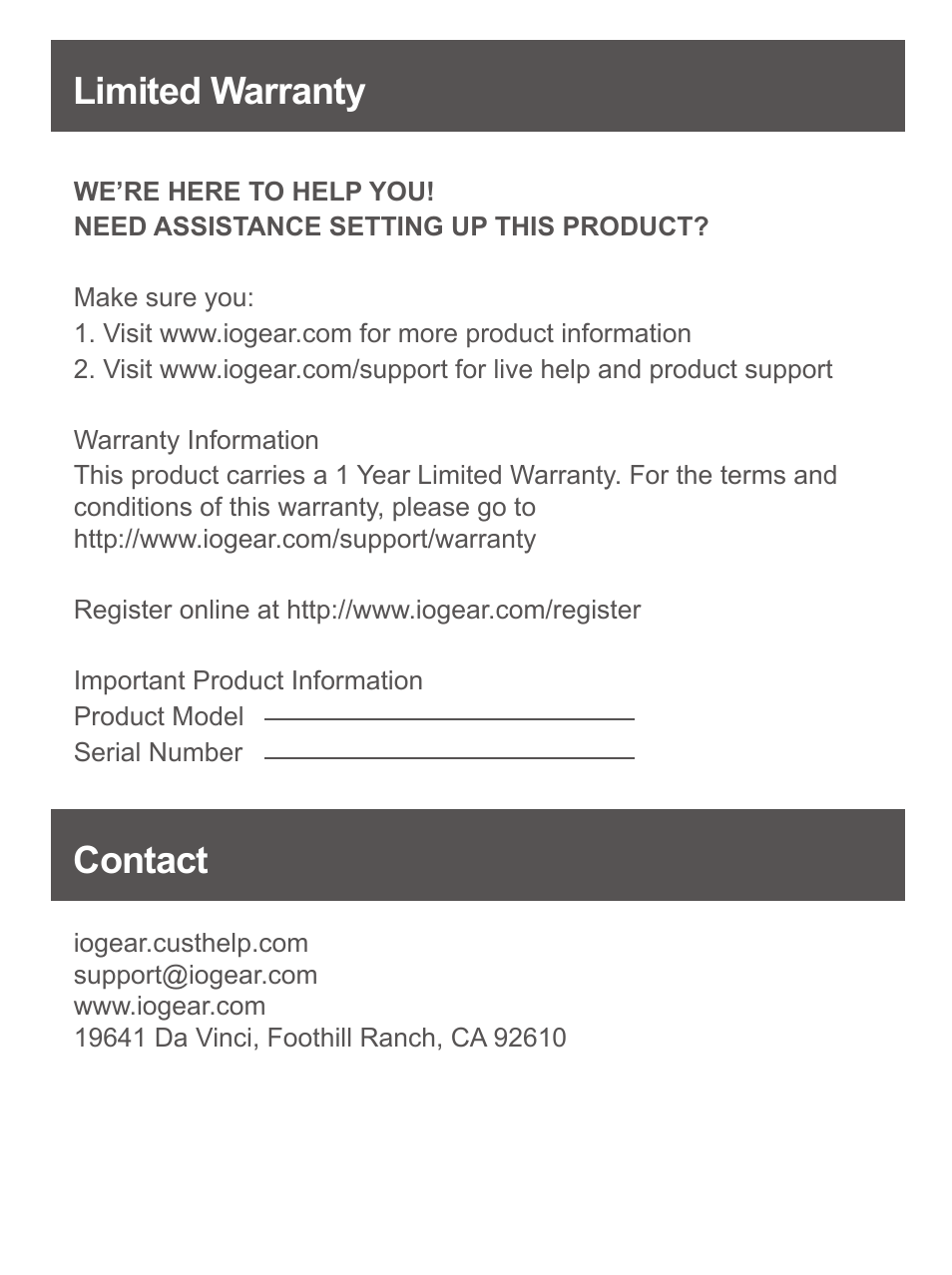 Limited warranty contact | IOGear GUC232A User Manual | Page 10 / 10