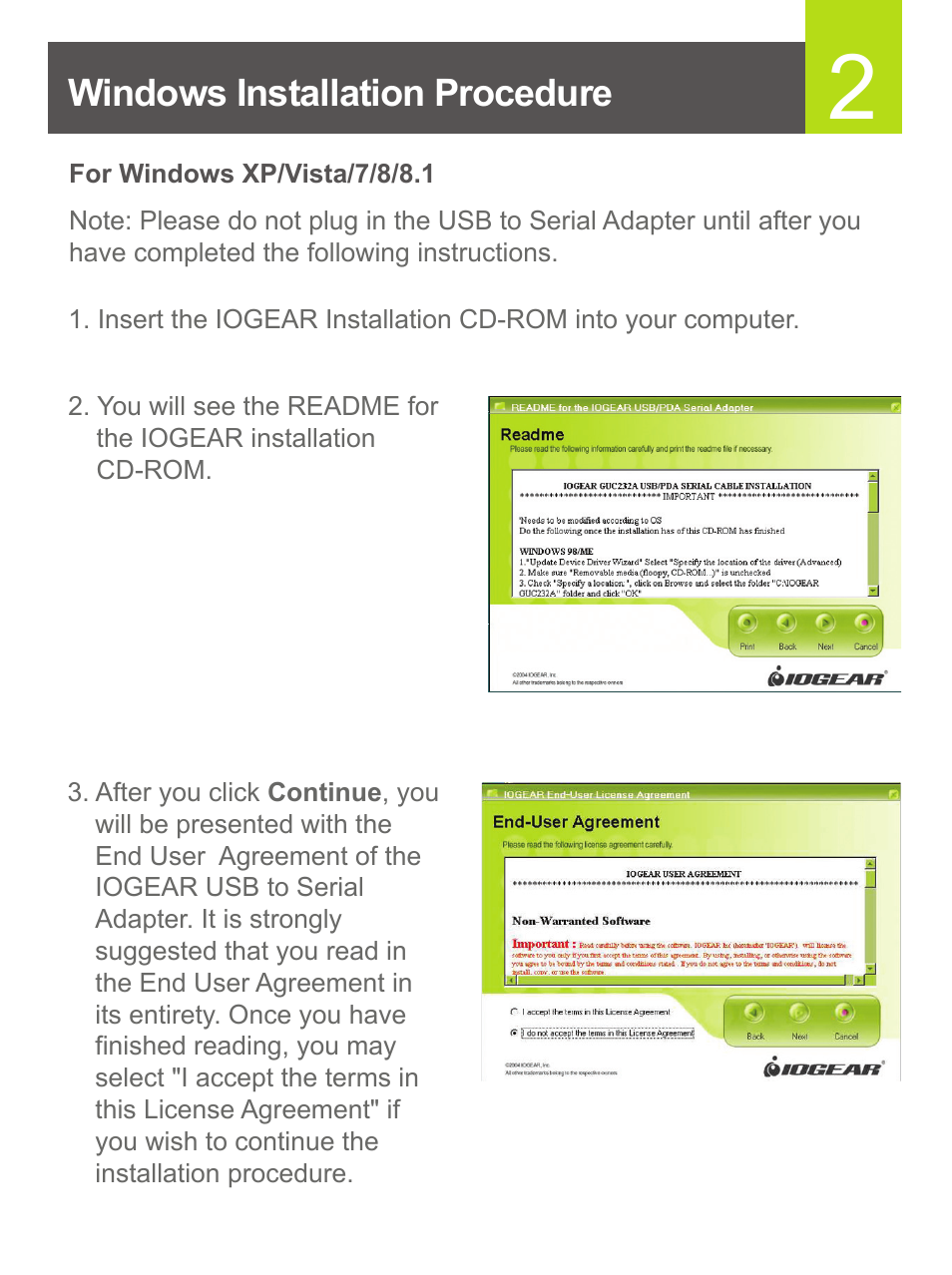 Windows installation procedure | IOGear GUC232A User Manual | Page 3 / 10