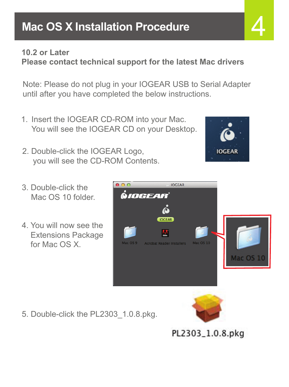 Mac os x installation procedure | IOGear GUC232A User Manual | Page 5 / 10