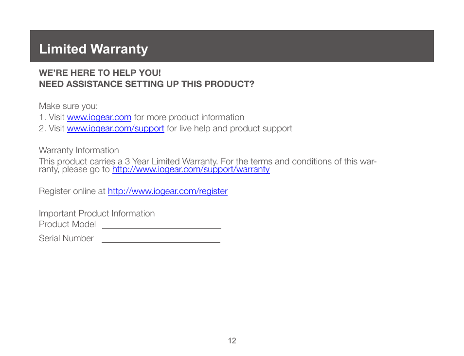 Limited warranty | IOGear GUC3020DW6 User Manual | Page 12 / 32