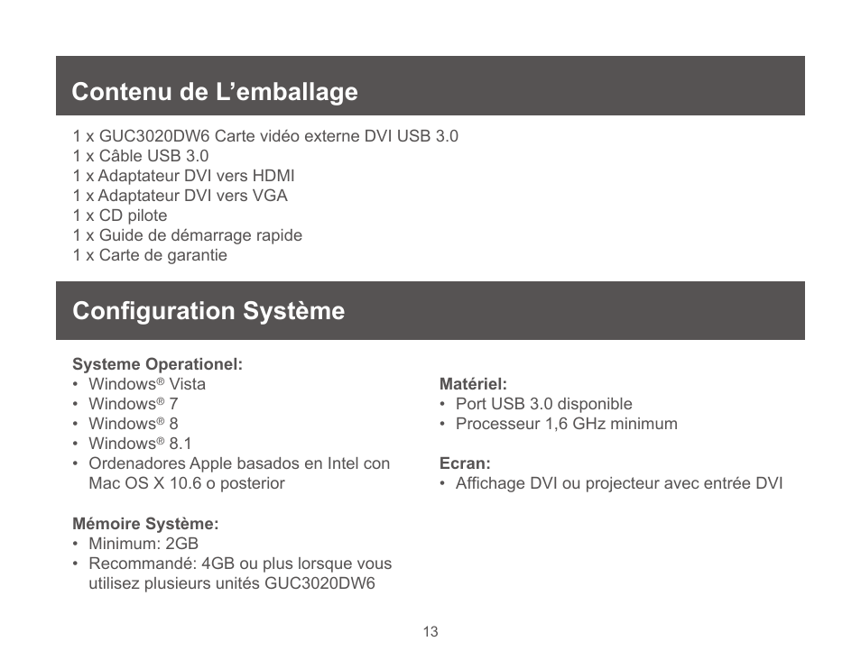 Contenu de l’emballage, Requisitos, Contenu de l’emballage configuration système | IOGear GUC3020DW6 User Manual | Page 13 / 32