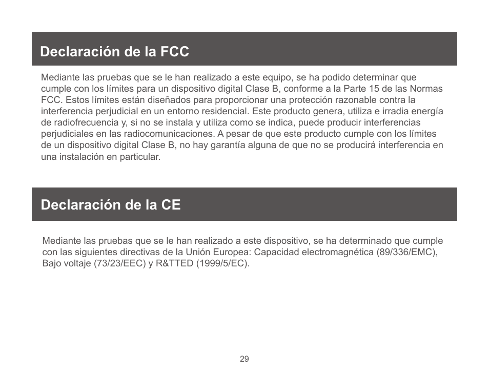 Declaración de la fcc, Declaración de la ce | IOGear GUC3020DW6 User Manual | Page 29 / 32