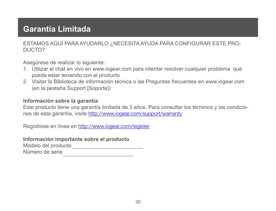 Garantía limitada | IOGear GUC3020DW6 User Manual | Page 30 / 32