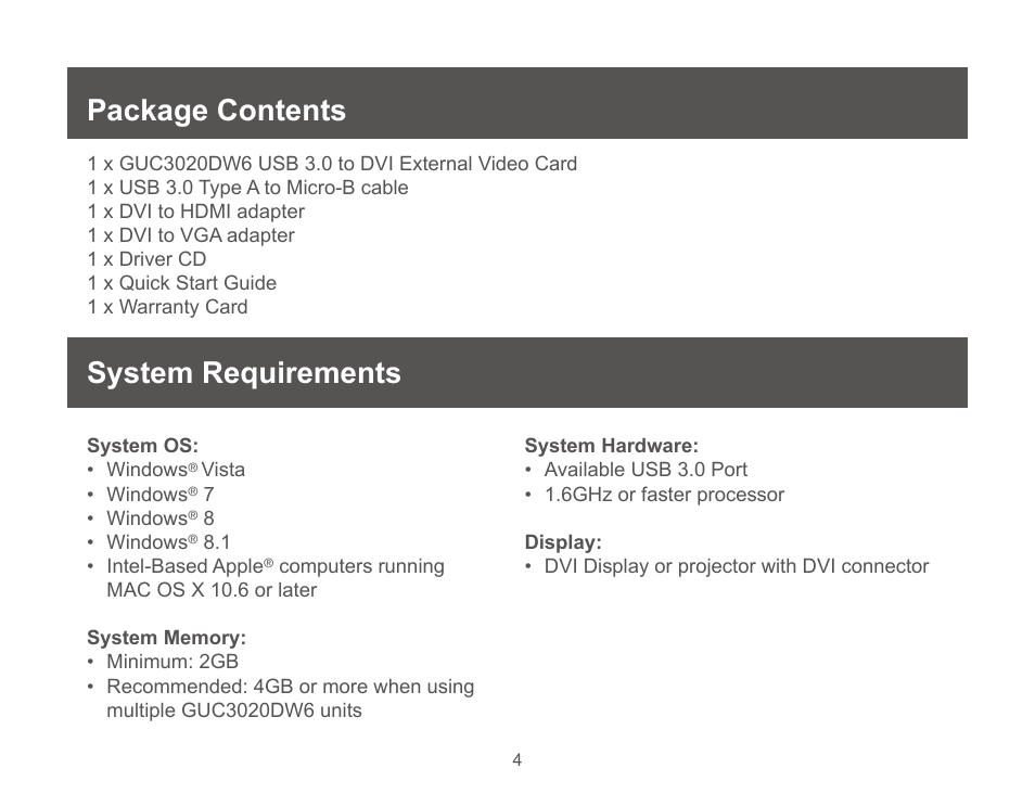 Package contents, System requirements | IOGear GUC3020DW6 User Manual | Page 4 / 32