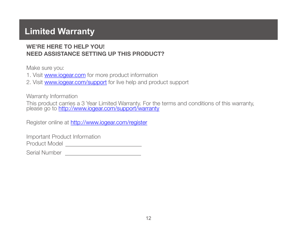 Limited warranty | IOGear GUC3025HW6 User Manual | Page 12 / 32