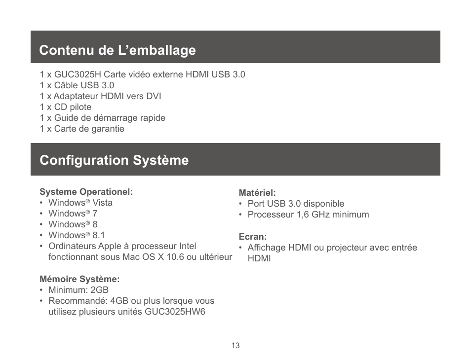 Contenu de l’emballage, Configuration système, Contenu de l’emballage configuration système | IOGear GUC3025HW6 User Manual | Page 13 / 32