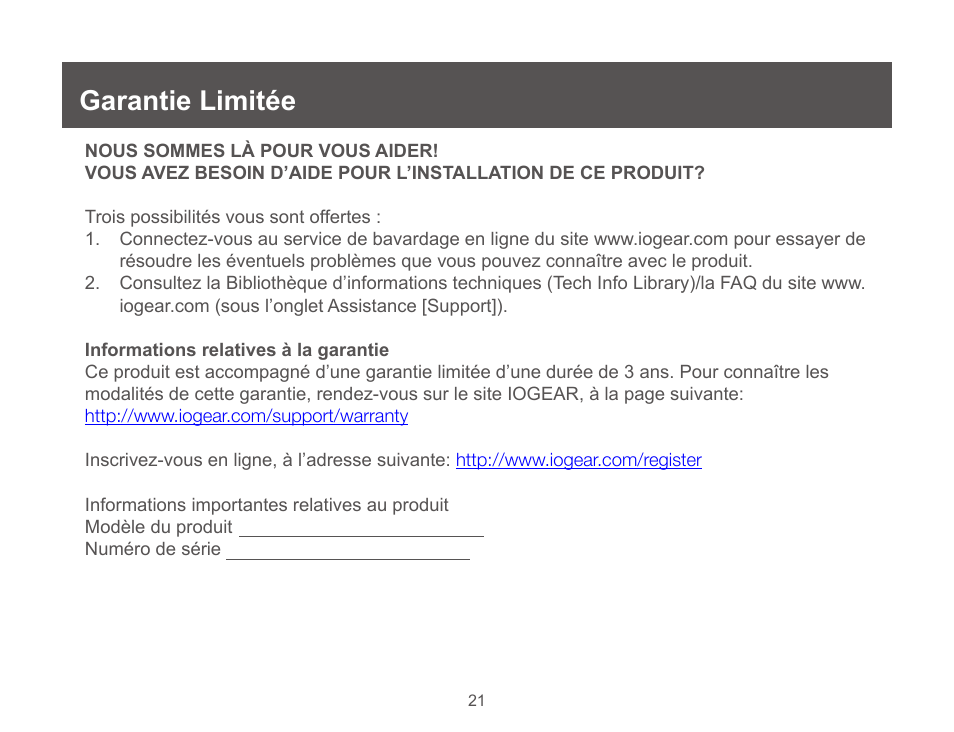 Garantie limitée | IOGear GUC3025HW6 User Manual | Page 21 / 32