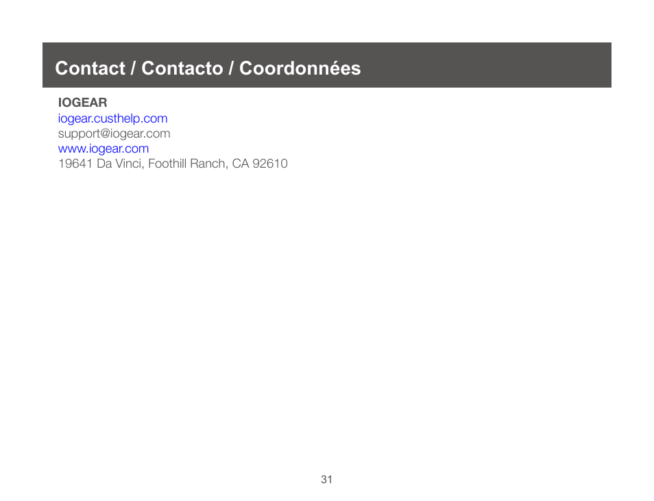 Contact / contacto / coordonnées | IOGear GUC3025HW6 User Manual | Page 31 / 32