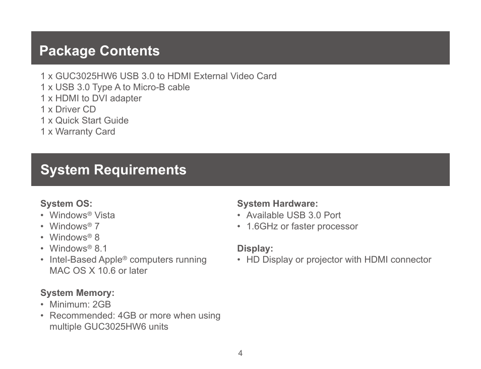 Package contents, System requirements | IOGear GUC3025HW6 User Manual | Page 4 / 32
