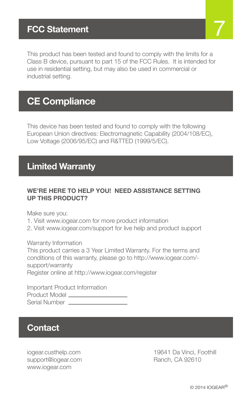 Ce compliance, Fcc statement, Limited warranty contact | IOGear GUD300 User Manual | Page 8 / 8