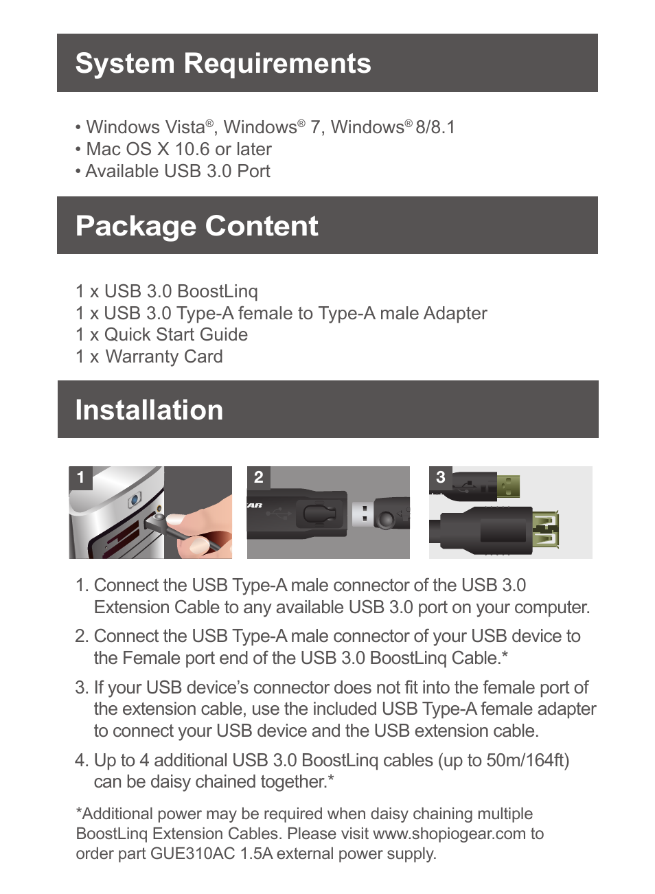 System requirements package content installation | IOGear GUE310 User Manual | Page 2 / 4