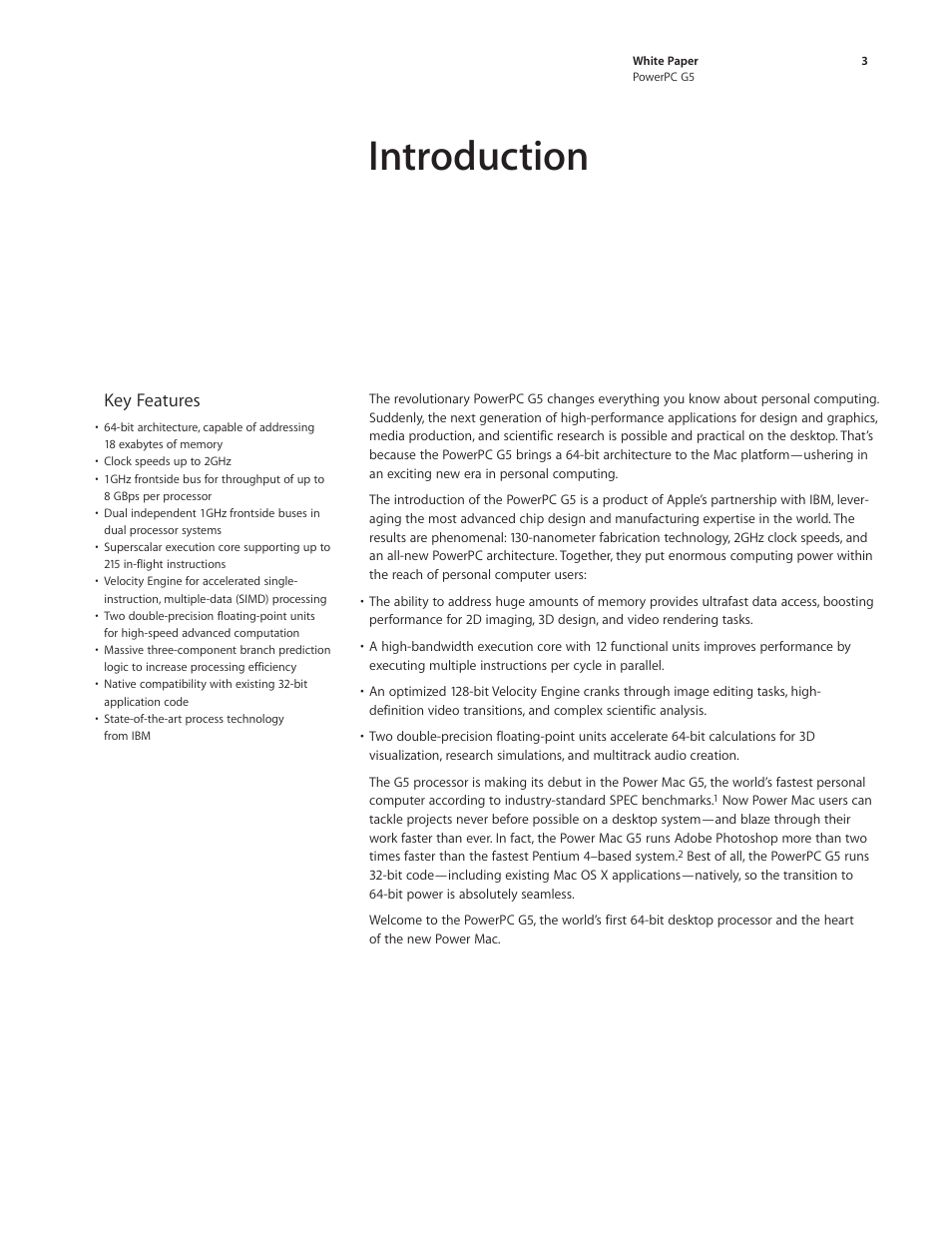 Introduction, Key features | Apple PowerPC G5 User Manual | Page 3 / 15
