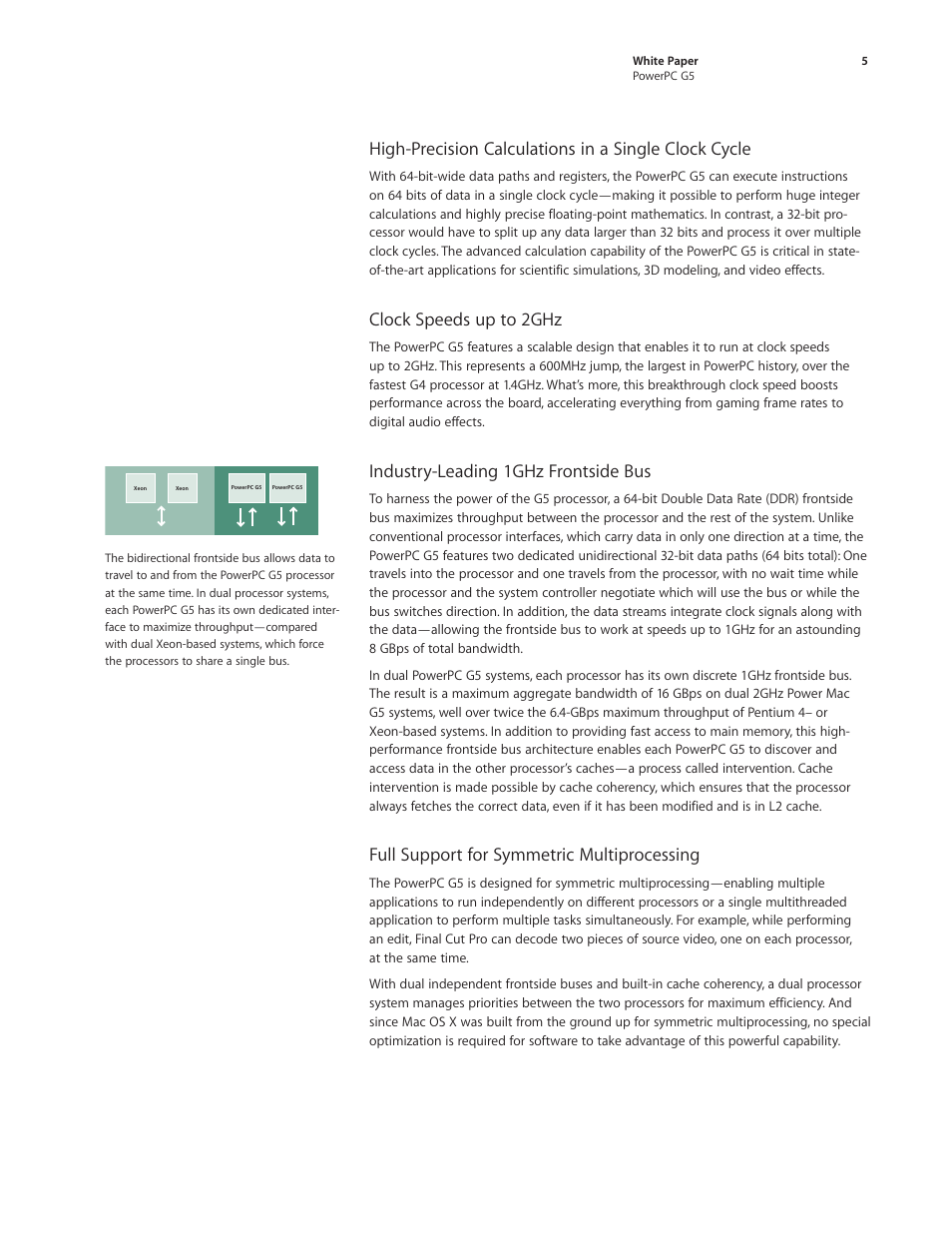 Clock speeds up to 2ghz, Industry-leading 1ghz frontside bus, Full support for symmetric multiprocessing | Apple PowerPC G5 User Manual | Page 5 / 15