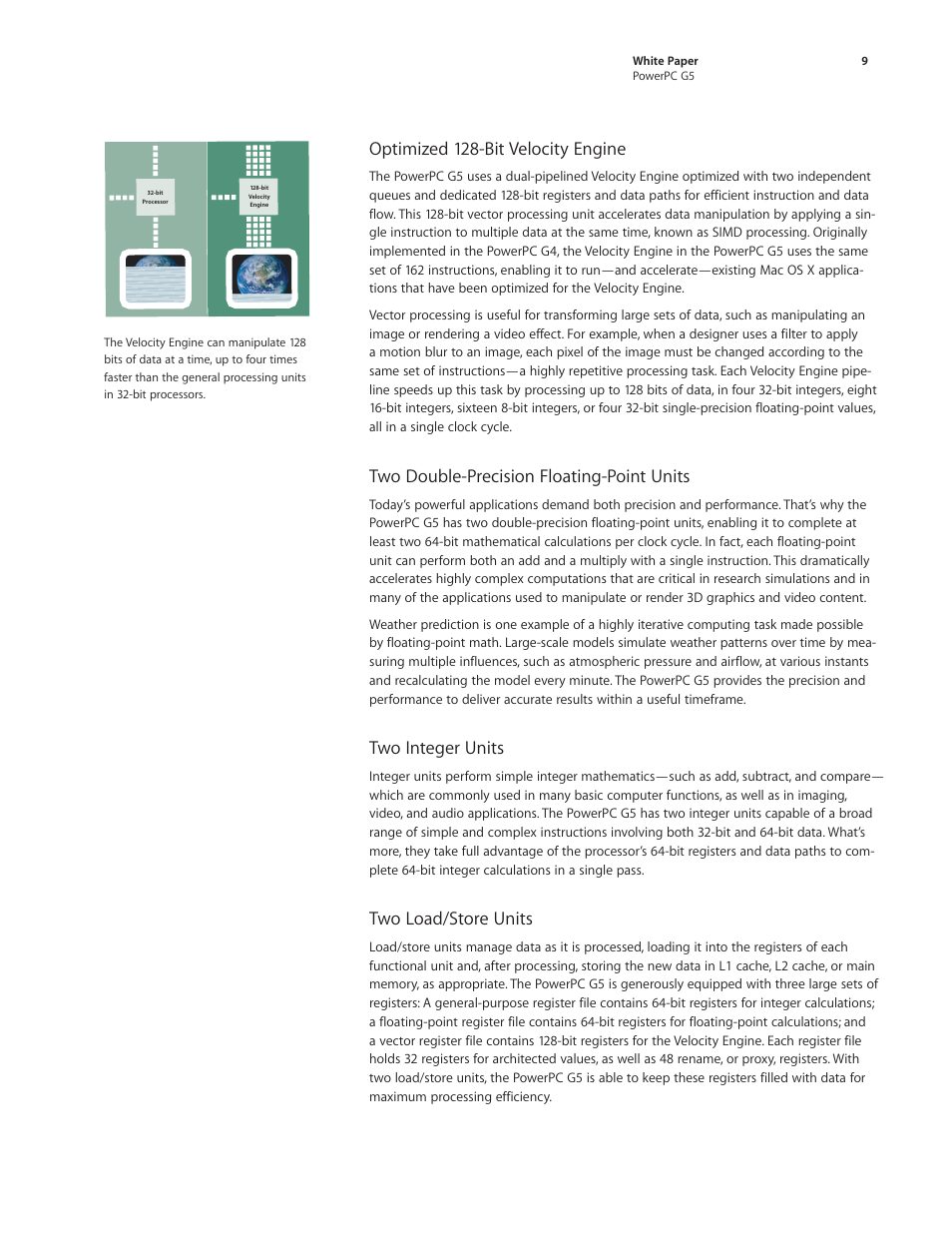 Optimized 128-bit velocity engine, Two double-precision floating-point units, Two integer units | Two load/store units | Apple PowerPC G5 User Manual | Page 9 / 15