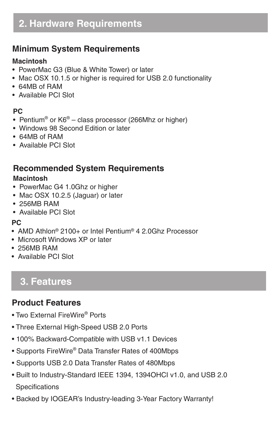 Hardware requirements, Features, Product features | Minimum system requirements, Recommended system requirements | IOGear GUF320 User Manual | Page 3 / 9