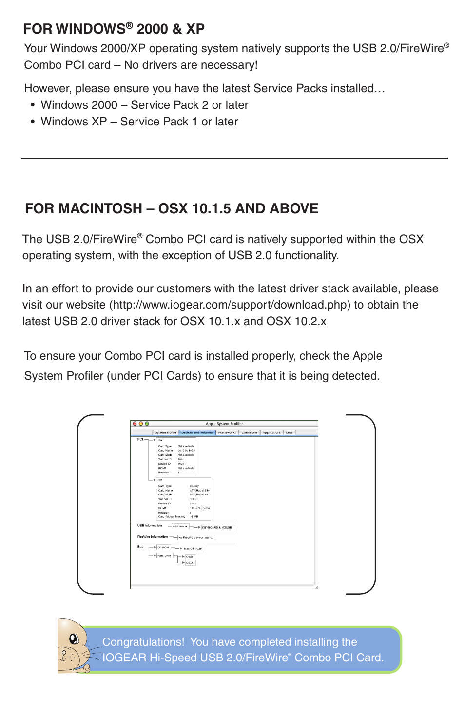 For macintosh – osx 10.1.5 and above, For windows, 2000 & xp | IOGear GUF320 User Manual | Page 8 / 9