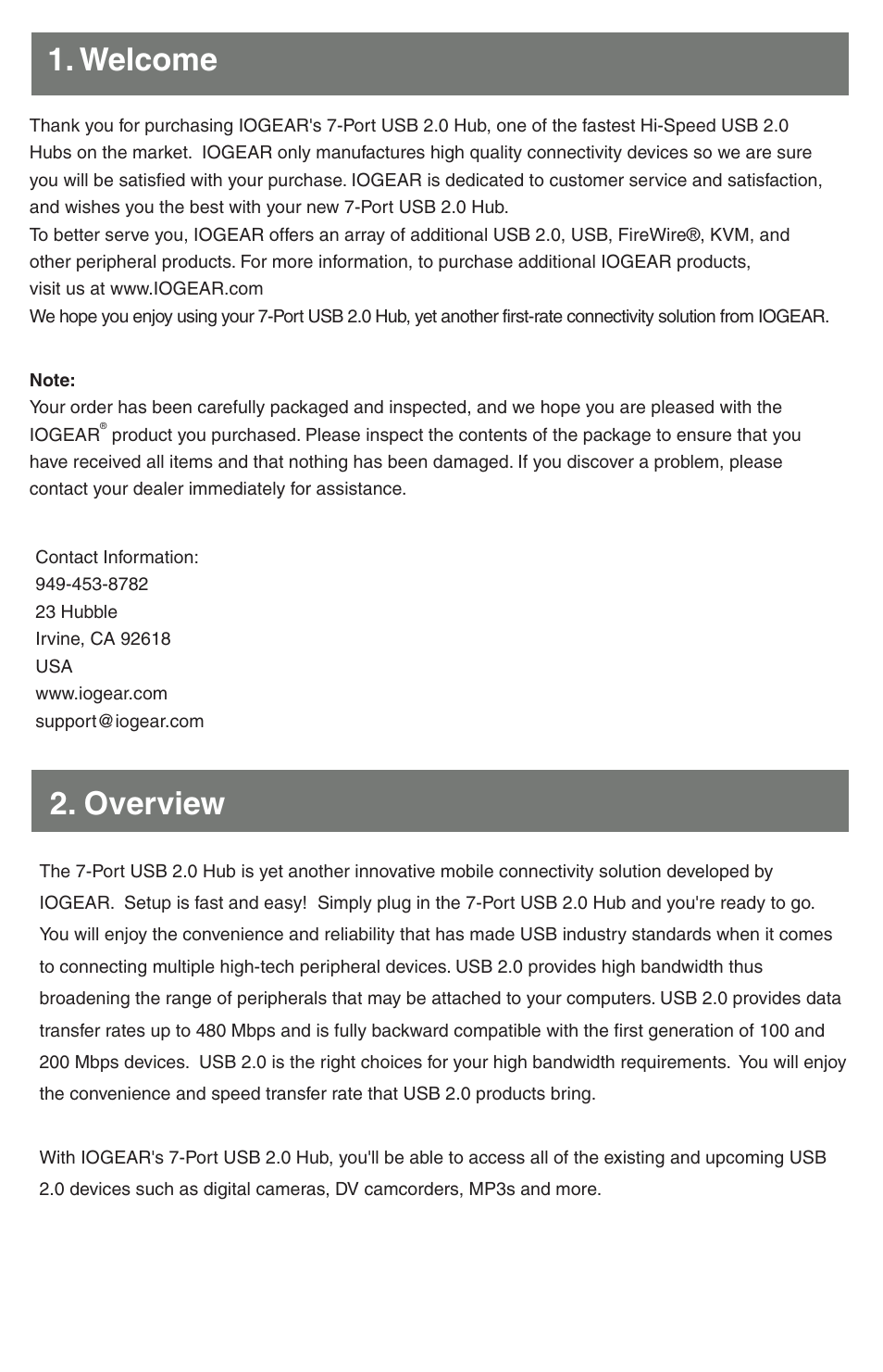 Overview 1. welcome | IOGear GUH227 User Manual | Page 2 / 6