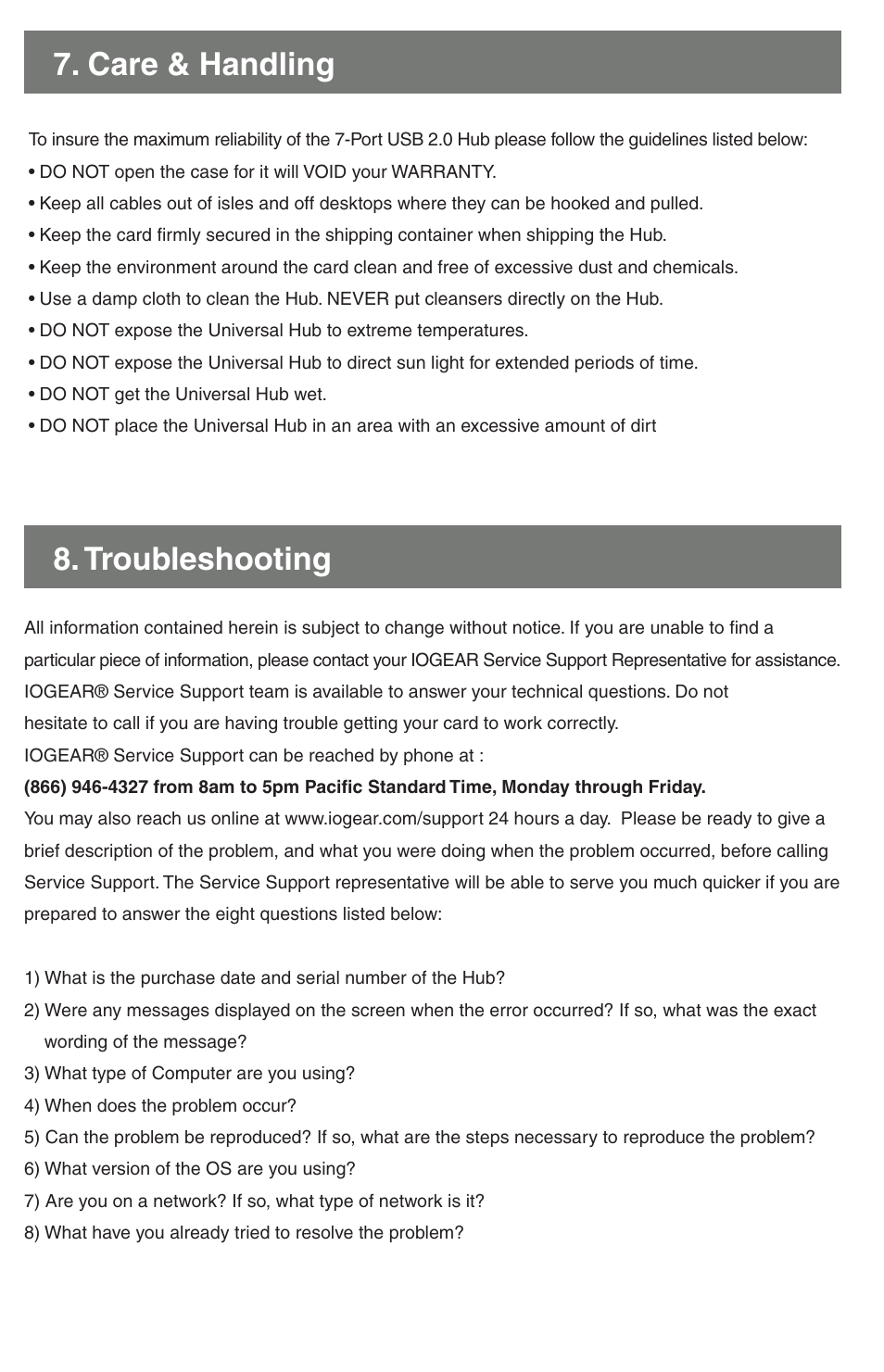 Care & handling, Troubleshooting | IOGear GUH227 User Manual | Page 5 / 6