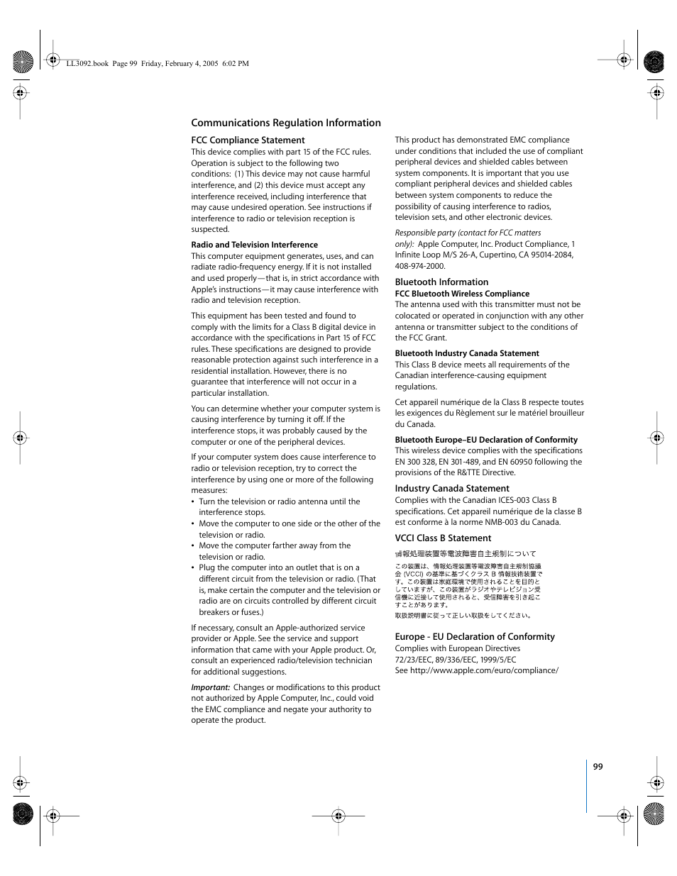 Communications regulation information | Apple PowerBook G4 (15-inch, 1.67/1.5 GHz) User Manual | Page 100 / 112