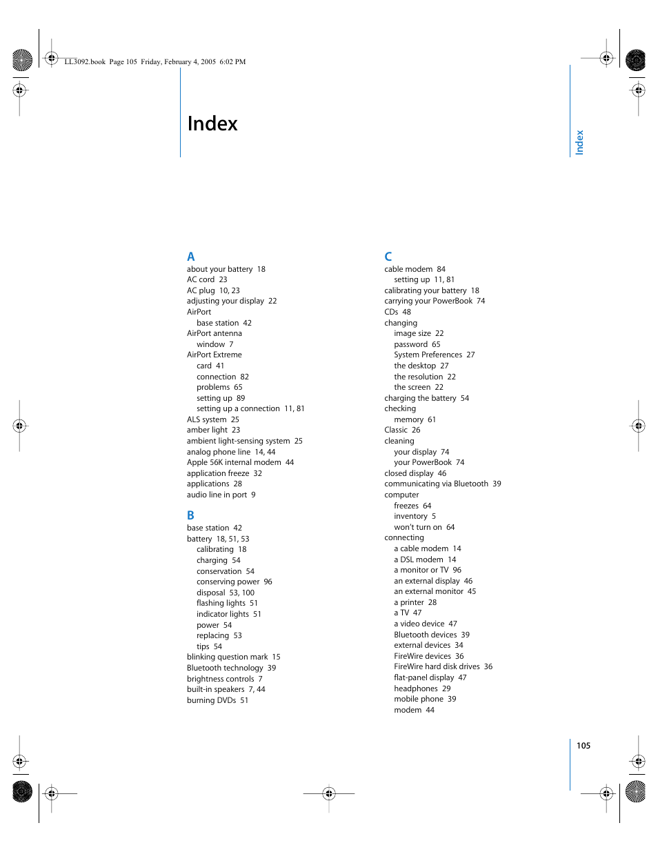 Index | Apple PowerBook G4 (15-inch, 1.67/1.5 GHz) User Manual | Page 106 / 112