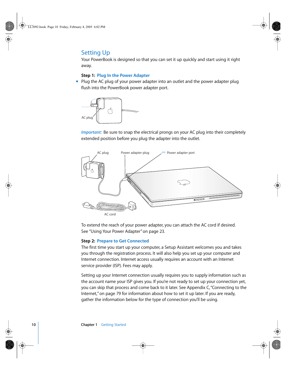 Setting up, Ac 10, Setup assistant 10 | Apple PowerBook G4 (15-inch, 1.67/1.5 GHz) User Manual | Page 11 / 112