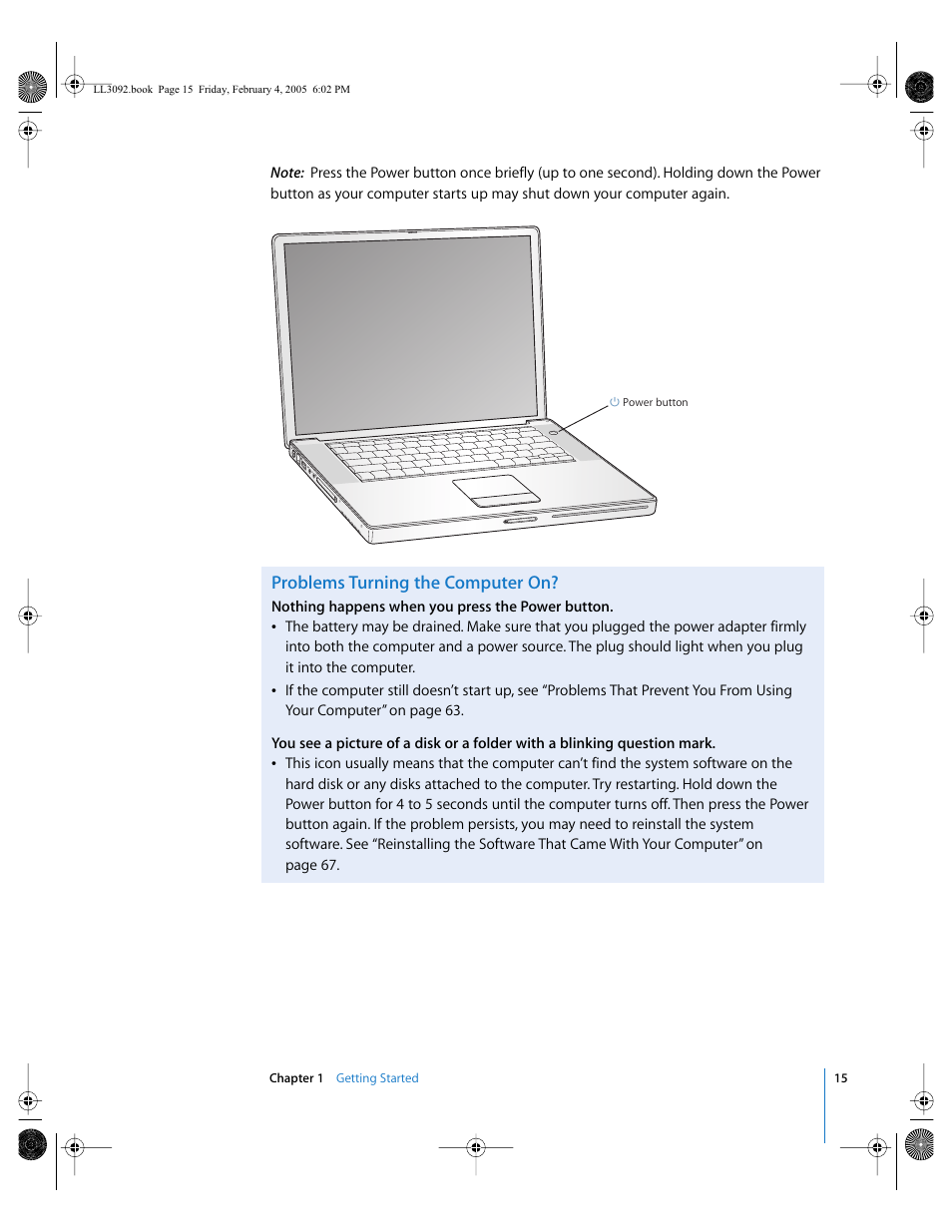 Turning the computer on 15, Problems turning the computer on | Apple PowerBook G4 (15-inch, 1.67/1.5 GHz) User Manual | Page 16 / 112