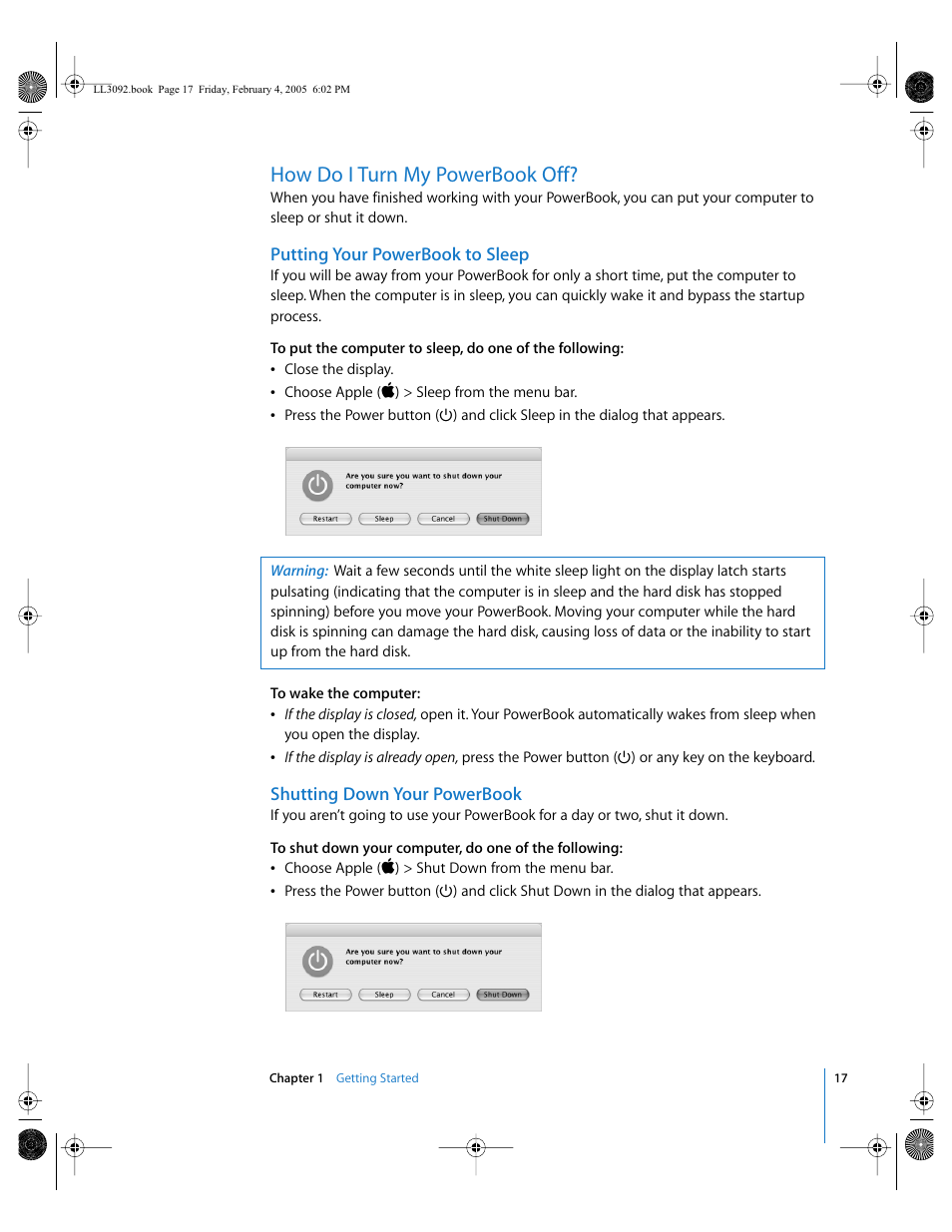 How do i turn my powerbook off, Putting your powerbook to sleep 17, Shutting down 17 sleep 17 | Apple PowerBook G4 (15-inch, 1.67/1.5 GHz) User Manual | Page 18 / 112