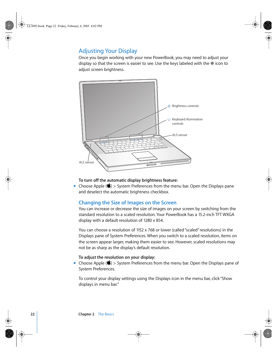 Adjusting your display, Changing the size of images on the screen | Apple PowerBook G4 (15-inch, 1.67/1.5 GHz) User Manual | Page 23 / 112