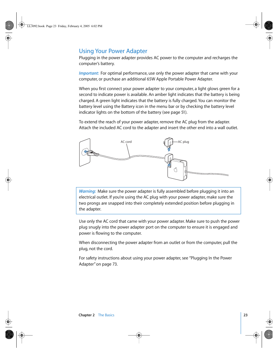 Using your power adapter, Power adapter 23, 73 | Apple PowerBook G4 (15-inch, 1.67/1.5 GHz) User Manual | Page 24 / 112