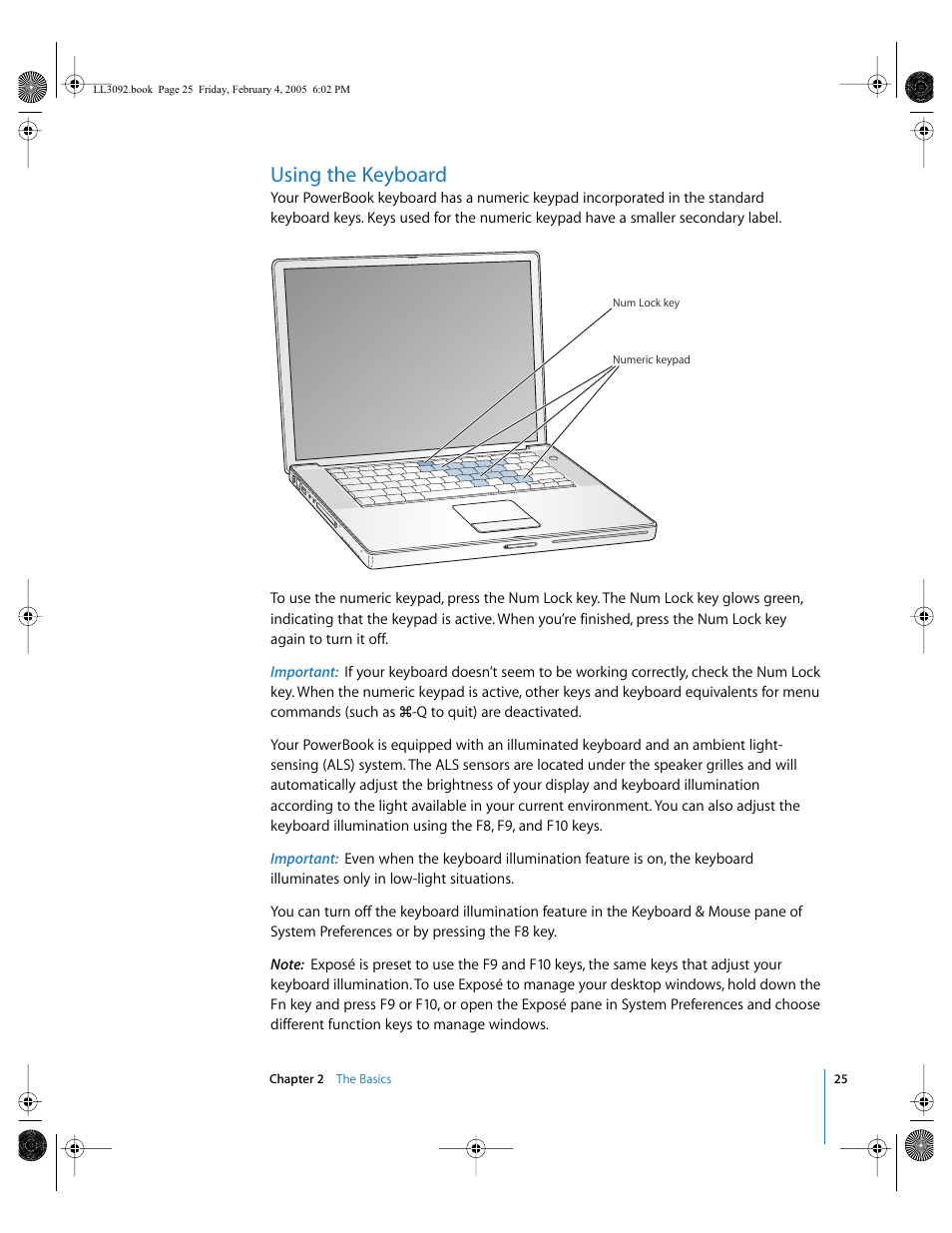 Using the keyboard, Numeric keypad 25 | Apple PowerBook G4 (15-inch, 1.67/1.5 GHz) User Manual | Page 26 / 112